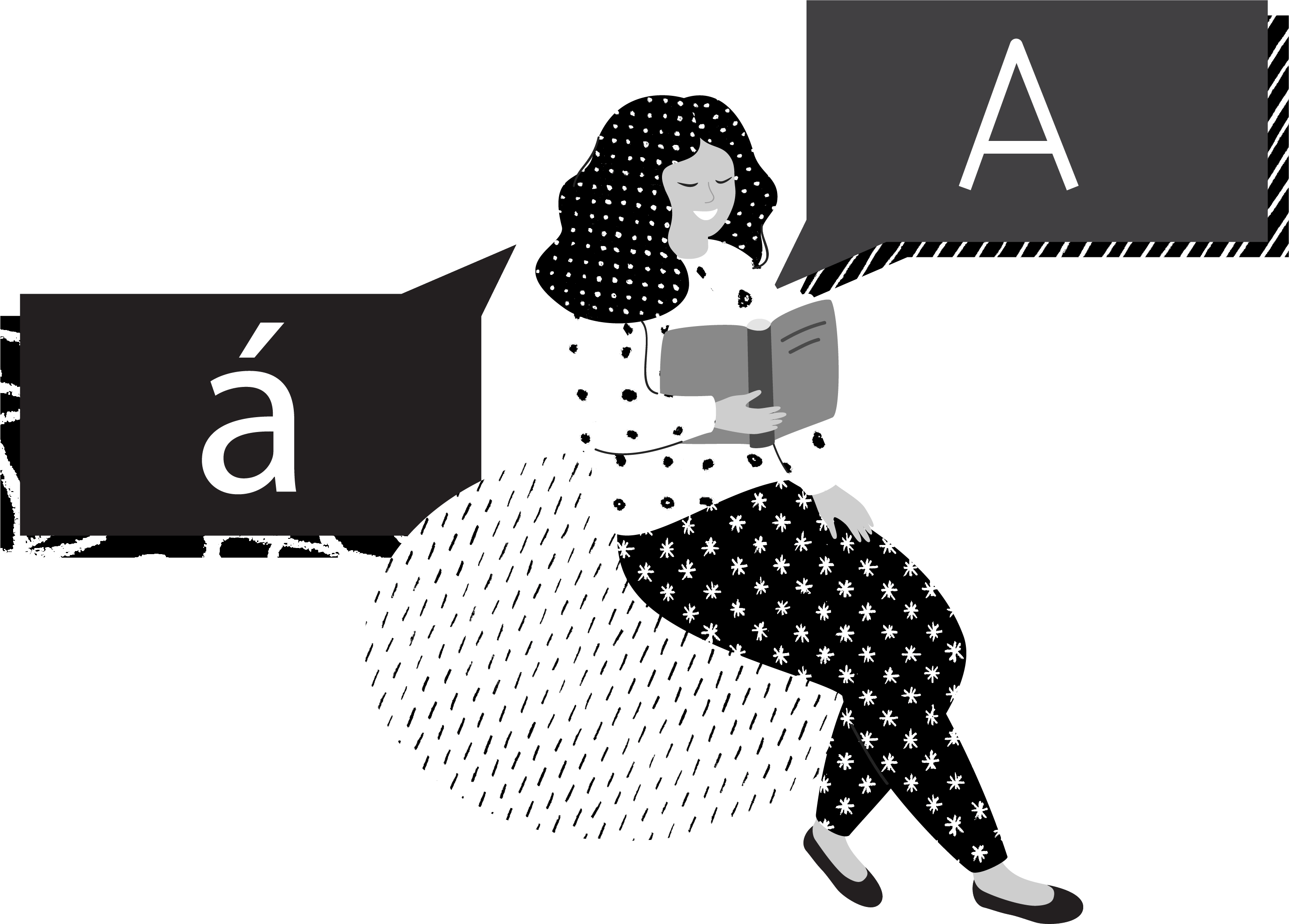 girl with two speech bubbles, one an 'A', the other an accented 'a'.