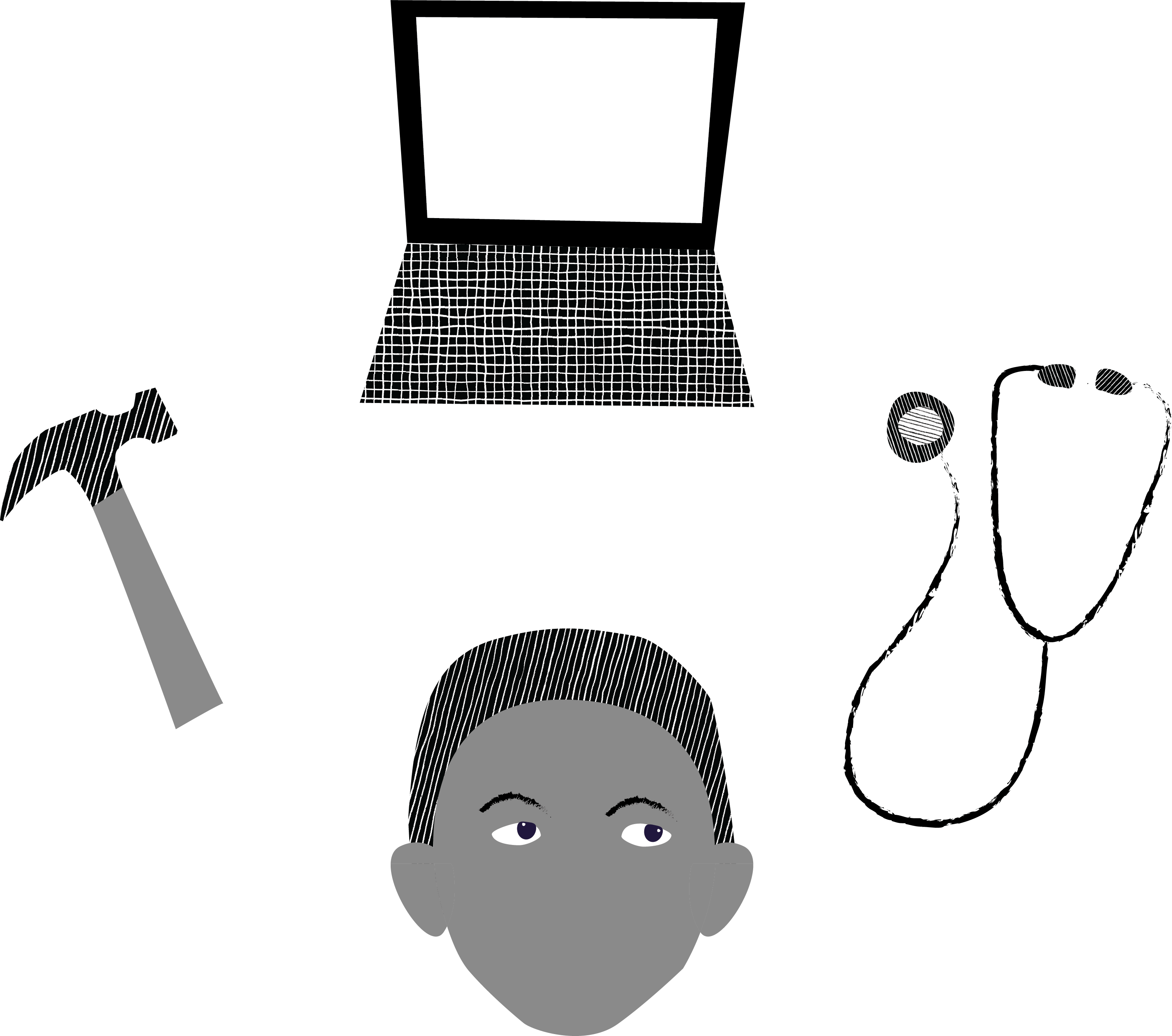 Boy contemplates career options, sees a laptop, hammer, and stethoscope