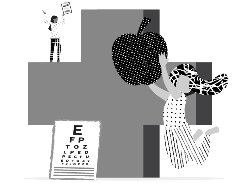 big medical cross, child jumping with apple