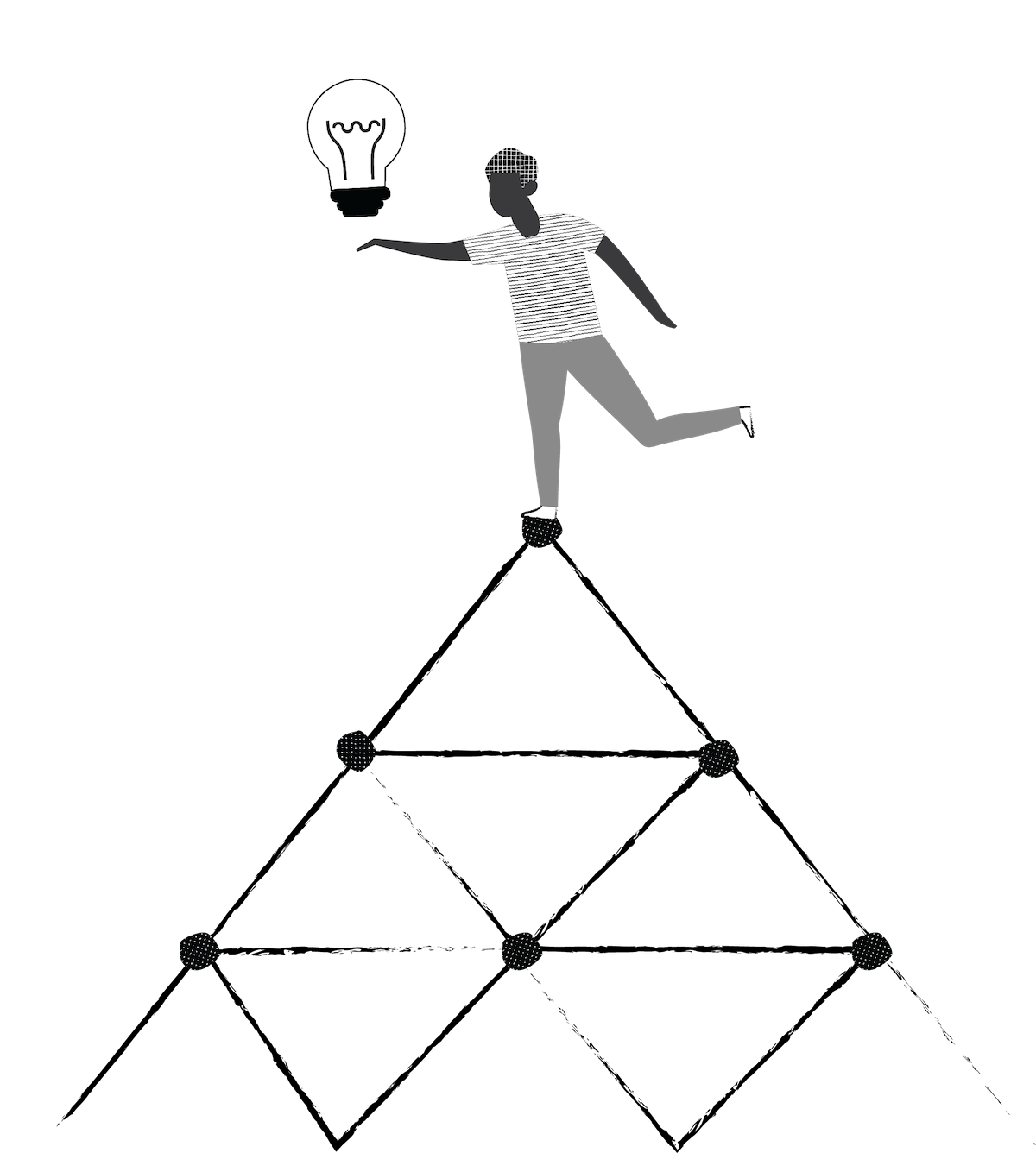 boy at top of pyramid holding a lightbulb