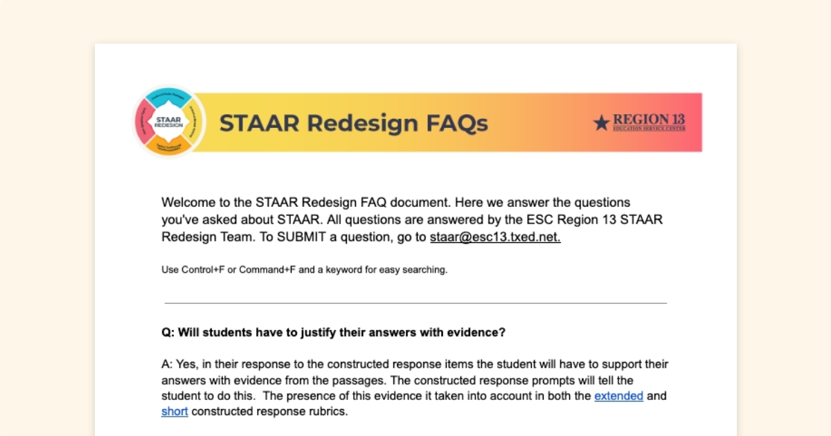 Screenshot of the STAAR Redesign FAQ PDF document. Link to download in following text.